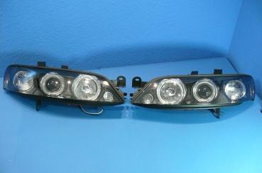 H1/H1 Headlights with angeleyes BLACK fit for Opel Vectra B 99 - 02