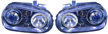 H7/H7/H3 Scheinwerfer schwarz klar mit NSW + Standlichtringen passend für VW Golf IV