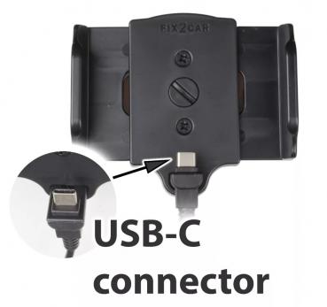 KUDA Adjustable Fix2Car holder for cell phones with USB-C connection and for device widths of 58-95 mm. Universally fixed and adjustable, with integrated 1m USB cable