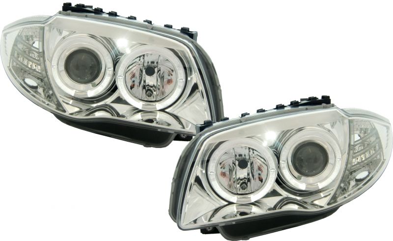 H7/H7 Scheinwerfer CHROM mit Angel Eyes passend für BMW 1er E81 E82 E87 E88