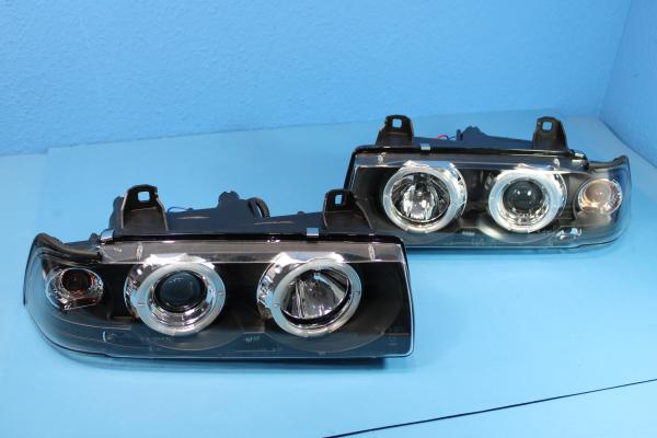 H1/H1 Scheinwerfer SCHWARZ mit Angel Eyes passend für BMW 3er E36 Limousine / Touring / Compact