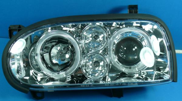 H1/H1 Scheinwerfer mit Standlichtringen CHROM passend für VW Golf III in Xenon-Golf IV Look