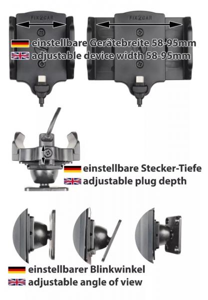KUDA Fix2Car Halter für Smartphone mit USB-C Anschluss und für Gerätebreite 58-95 mm Universell fest einstellbar & 1,0m USB-A Kabel