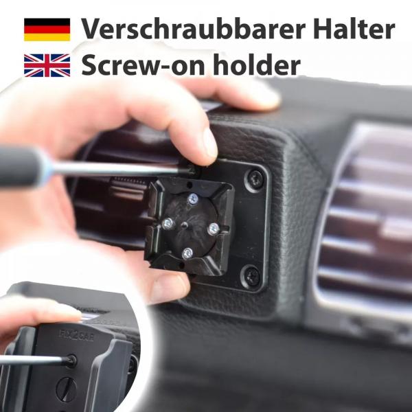 KUDA Adjustable Fix2Car holder for cell phones with USB-C connection and for device widths of 58-95 mm. Universally fixed and adjustable, with integrated 1m USB cable
