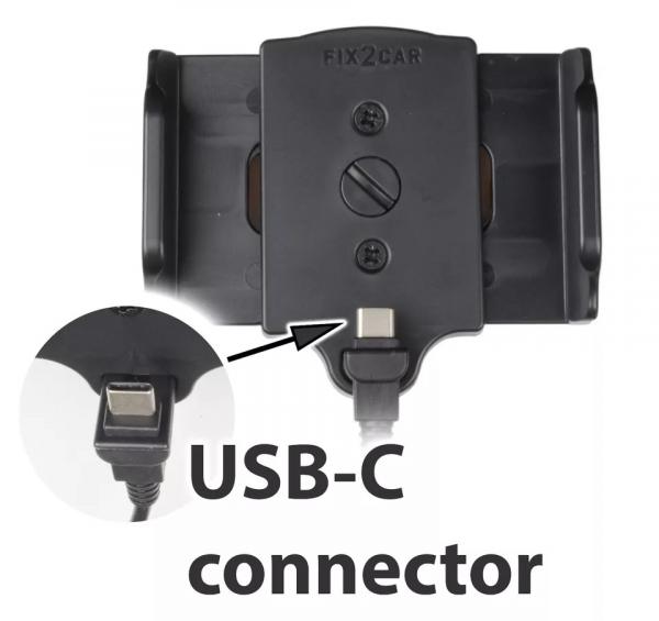 KUDA Adjustable Fix2Car holder for cell phones with USB-C connection and for device widths of 58-95 mm. Universally fixed and adjustable, with integrated 1m USB cable