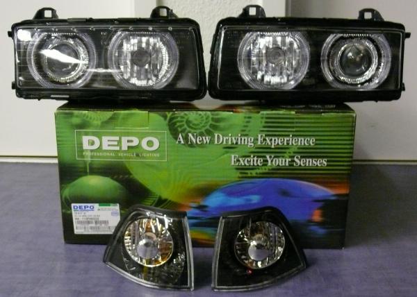 H7/H7 Scheinwerfer black mit Angeleyes inkl. Blinkern passend für BMW 3er E36 Limousine Touring Compact
