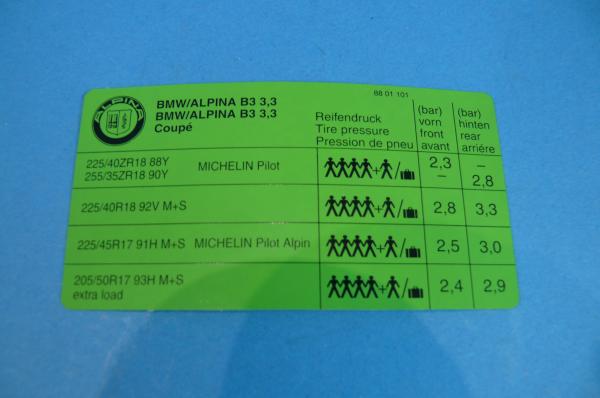 ALPINA Tire Pressure Sticker fit for ALPINA B3 3.3 Sedan / Coupe (E46)