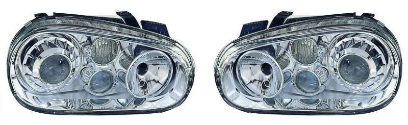 H7/H7/H3 Scheinwerfer chrom mit NSW + Standlichtringen passend für VW Golf IV