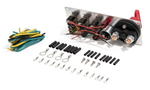 Konsole mit Batterie Hauptschalter, Zündungsschalter mit 3 Stück Flip-up Schalter -ON/OFF-, + -START/STOP- Schalter für Motorsportzwecke